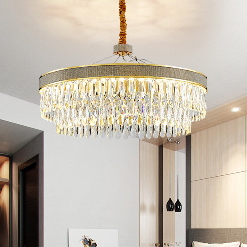 Clear Crystal Draping LED Hanging Chandelier Modern Gold Finish 2-Layer Round Great Room Suspension Lamp, 18"/23.5" Width