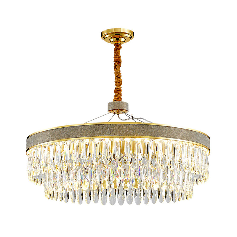 Clear Crystal Draping LED Hanging Chandelier Modern Gold Finish 2-Layer Round Great Room Suspension Lamp, 18"/23.5" Width