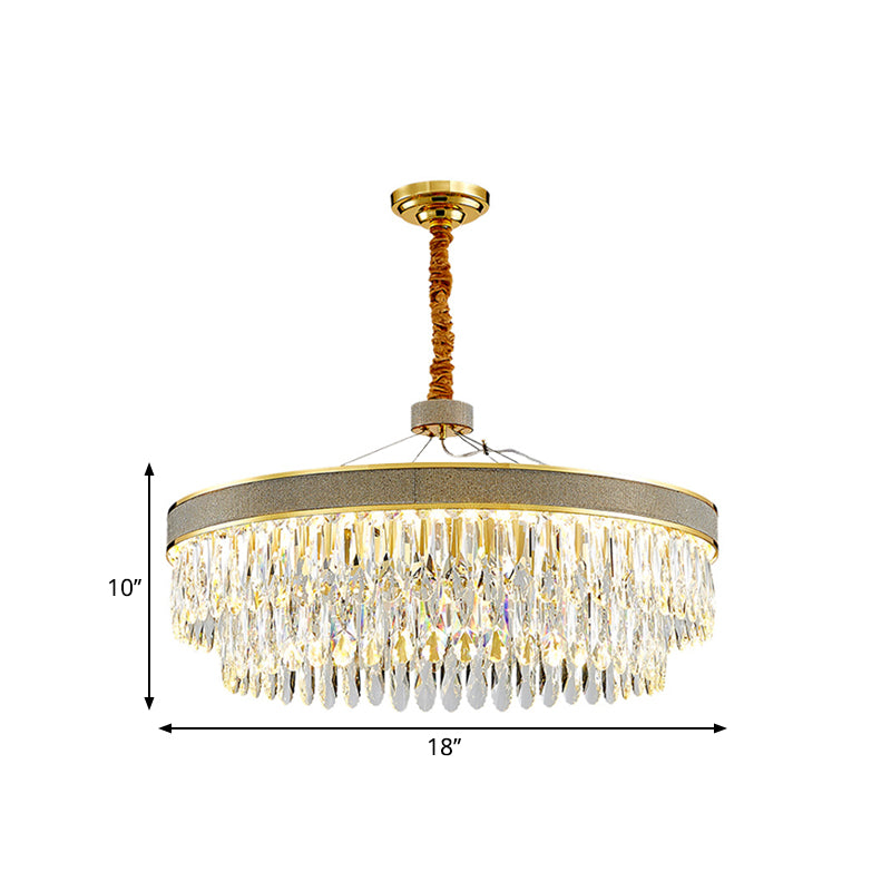 Clear Crystal Draping LED Hanging Chandelier Modern Gold Finish 2-Layer Round Great Room Suspension Lamp, 18"/23.5" Width