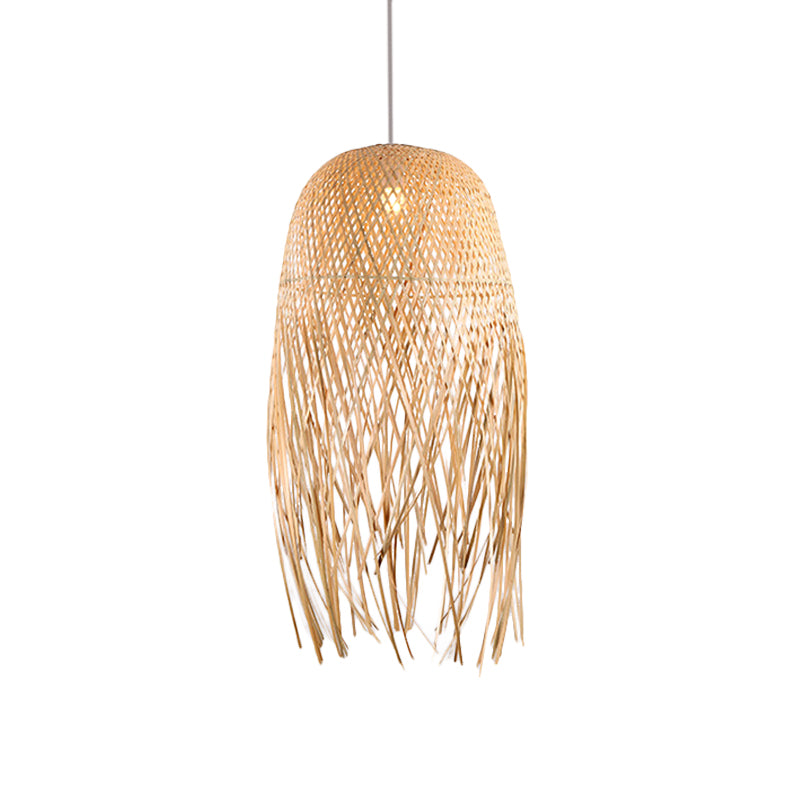 Dome Hand-Woven Bamboo Pendant Light Asian Style 1 Light Beige Suspension Lamp for Restaurant