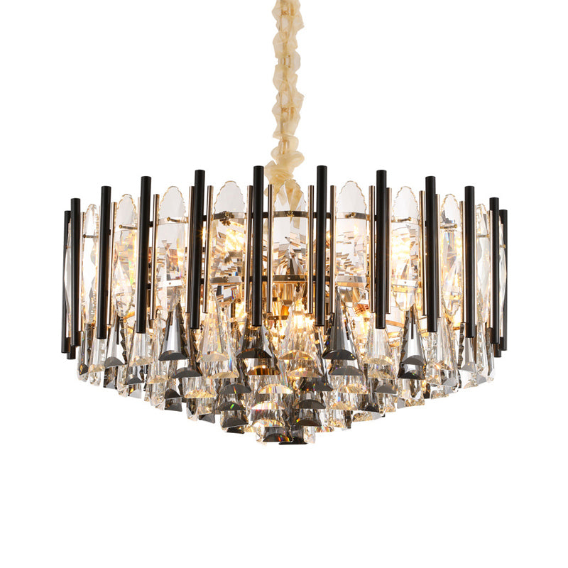 12 Heads Tapered Chandelier Light Modern Clear Crystal Triangular Drops Ceiling Suspension Lamp with Black Tubes