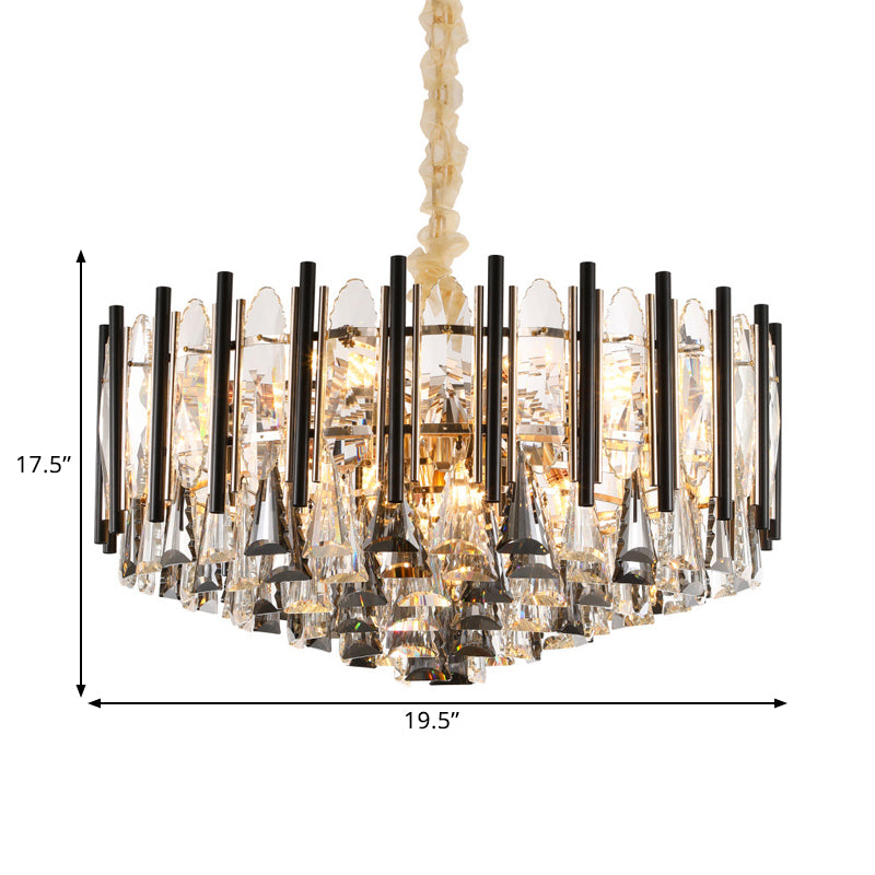 12 Heads Tapered Chandelier Light Modern Clear Crystal Triangular Drops Ceiling Suspension Lamp with Black Tubes