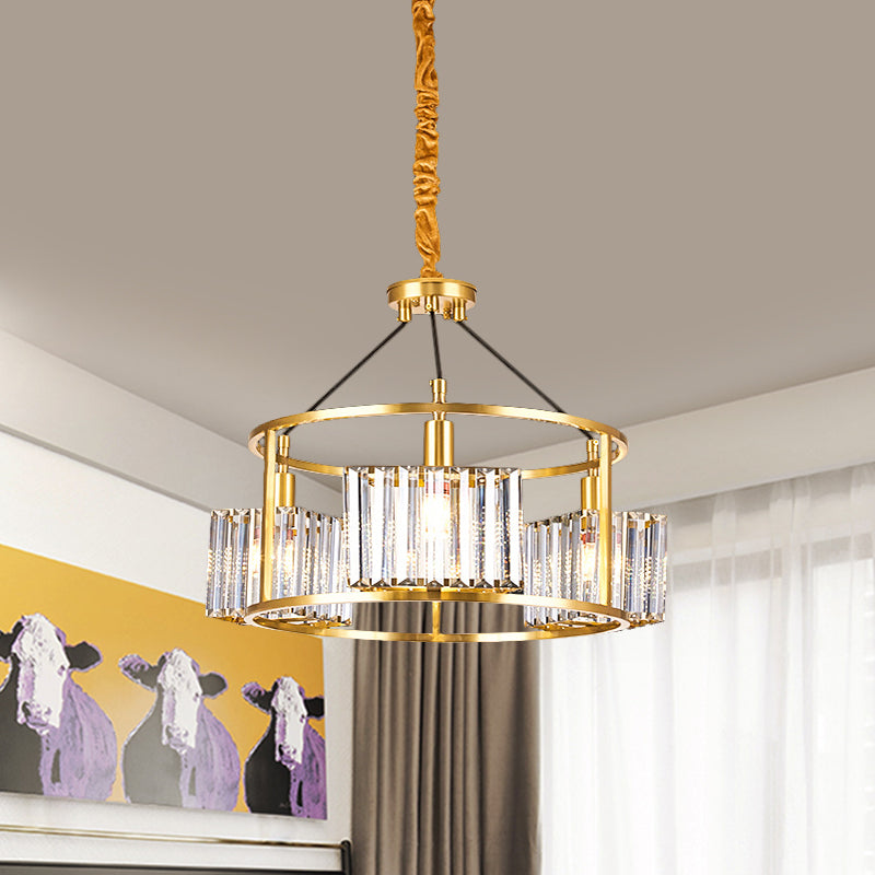 Crystal Blocks Clear Ceiling Chandelier Drum Metal Frame 3 Heads Modern Hanging Light Kit in Gold