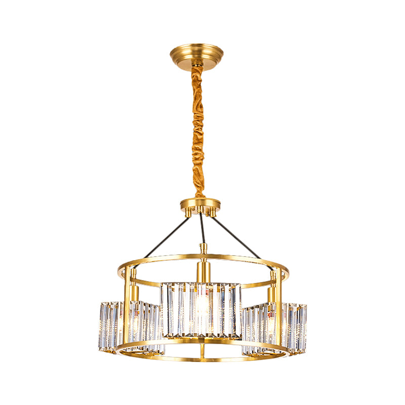 Crystal Blocks Clear Ceiling Chandelier Drum Metal Frame 3 Heads Modern Hanging Light Kit in Gold