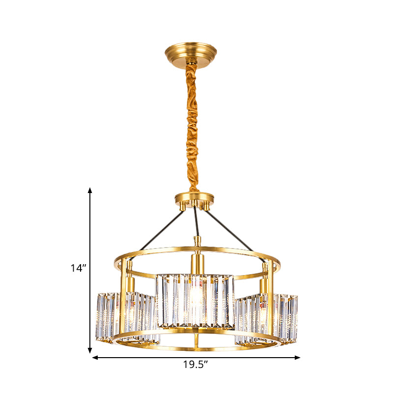 Crystal Blocks Clear Ceiling Chandelier Drum Metal Frame 3 Heads Modern Hanging Light Kit in Gold