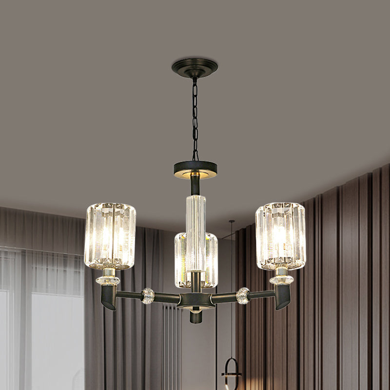 Crystal Cylinder Shade Clear Chandelier Black Metal Frame 3/6 Bulbs Contemporary Ceiling Lighting