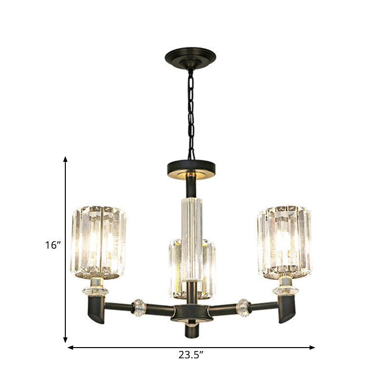 Crystal Cylinder Shade Clear Chandelier Black Metal Frame 3/6 Bulbs Contemporary Ceiling Lighting