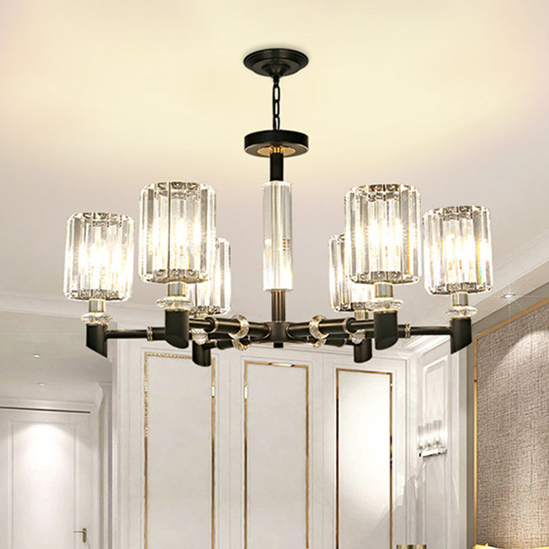 Crystal Cylinder Shade Clear Chandelier Black Metal Frame 3/6 Bulbs Contemporary Ceiling Lighting