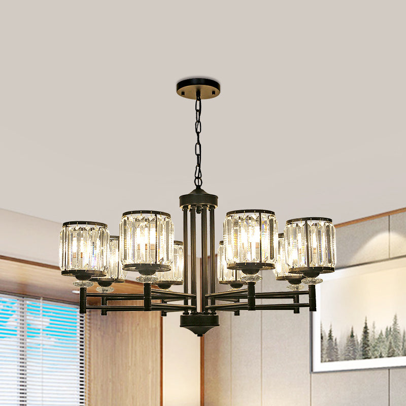 Metal Frame Parlour Pendant Light Modern Crystal Drum Shade 8 Heads Black/Gold Chandelier Lamp