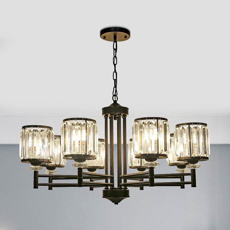 Metal Frame Parlour Pendant Light Modern Crystal Drum Shade 8 Heads Black/Gold Chandelier Lamp