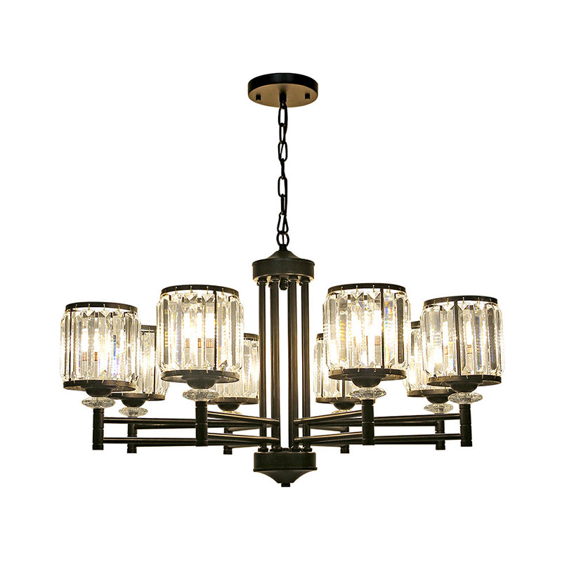 Metal Frame Parlour Pendant Light Modern Crystal Drum Shade 8 Heads Black/Gold Chandelier Lamp