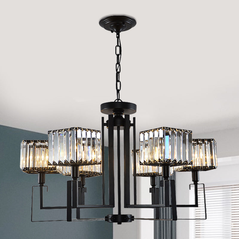 6/8 Heads Crooked Metal Frame Hanging Light Modern Black Clear Crystal Cubic Shade Chandelier Lighting