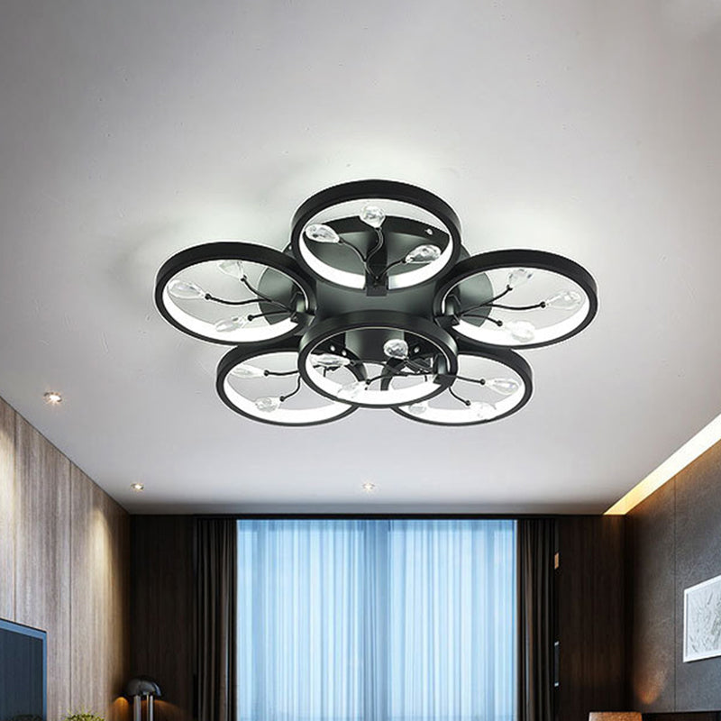 Crystal Raindrops Black/White Semi Flush Light Flower LED Contemporary Ceiling Mounted Fixture in White/Warm Light