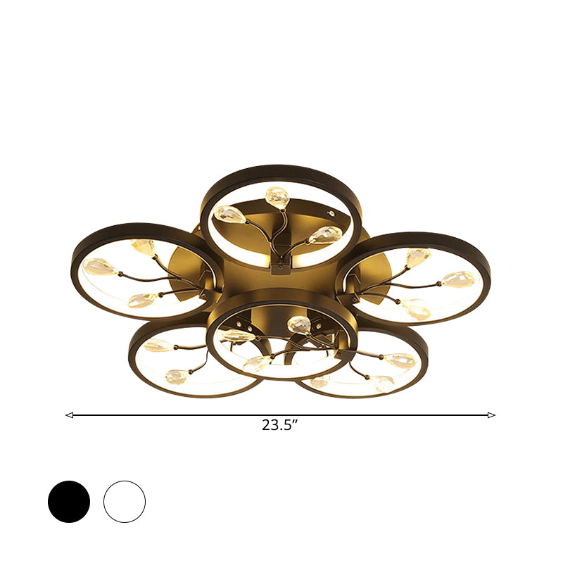 Gocce di pioggia di cristallo semi -filo nero a filo fiore a LED contemporaneo montato a soffitto in luce bianca/calda