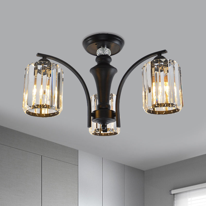 3/6 Bulbs Semi Flush Modern Clear Crystal Cylindrical Shade Light Fixture Ceiling in Black