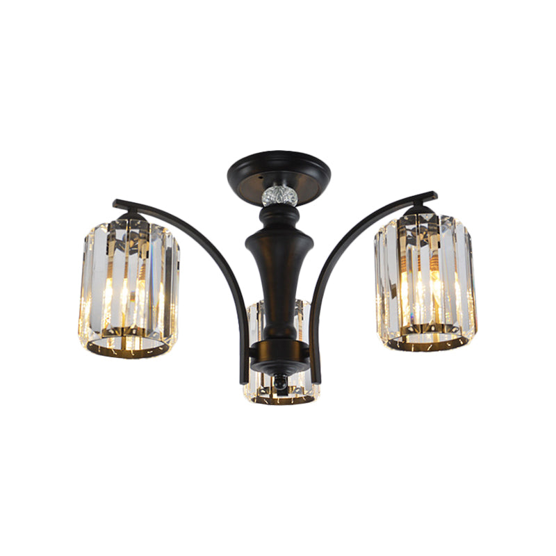 3/6 Bulbs Semi Flush Modern Clear Crystal Cylindrical Shade Light Fixture Ceiling in Black