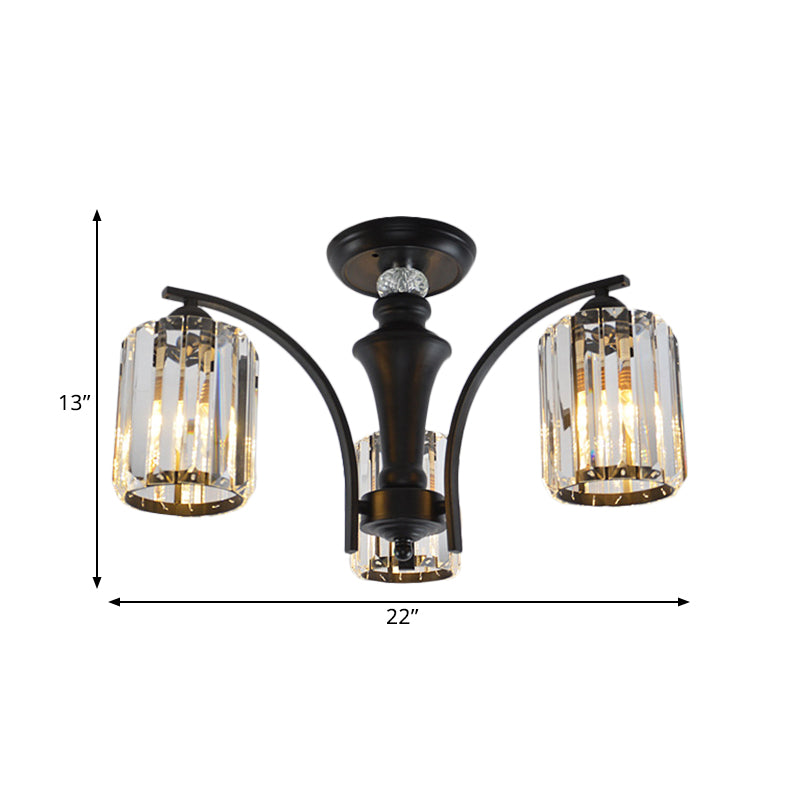 3/6 Bulbs Semi Flush Modern Clear Crystal Cylindrical Shade Light Fixture Ceiling in Black