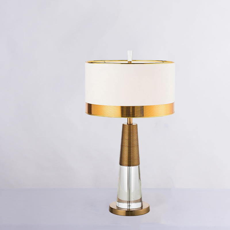 1 Head Table Lamp Contemporary Drum Fabric Shade Nightstand Light in White with Clear Crystal Base