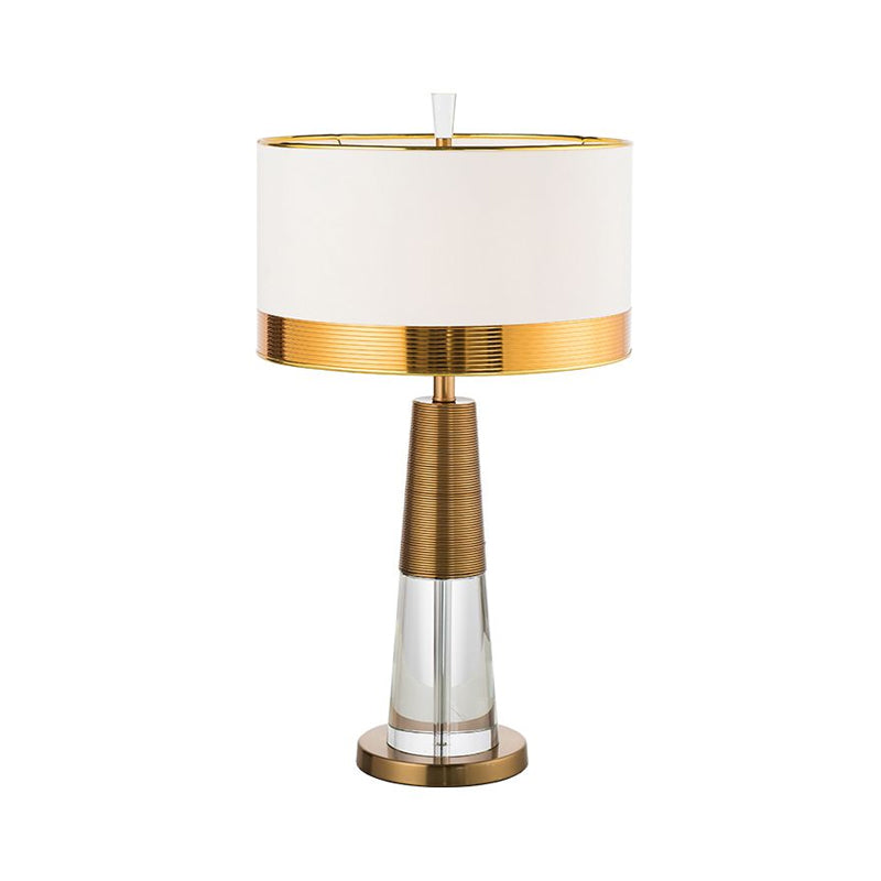 1 Head Table Lamp Contemporary Drum Fabric Shade Nightstand Light in White with Clear Crystal Base