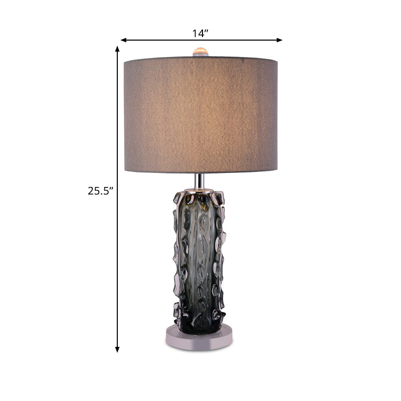 1 Head Night Stand Lamp Modern Pale Barrel Fabric Shade Table Light with Embossed Crystal Column in Dark Gray