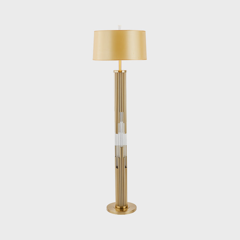 Gold 1 Bulbe Light Light Contemporary Barrel Fabric de tissu Shade Floor Reading Lampe avec tubes en cristal Stand