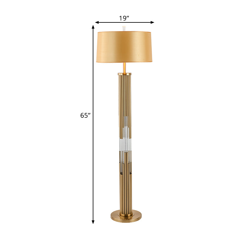 Gold 1 Bulbe Light Light Contemporary Barrel Fabric de tissu Shade Floor Reading Lampe avec tubes en cristal Stand