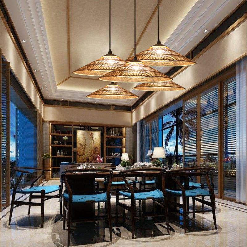 Asian Single Bulb Pendant Lamp with Hand-Woven Rattan Brown Tapered Hanging Light for Restaurant Living Room