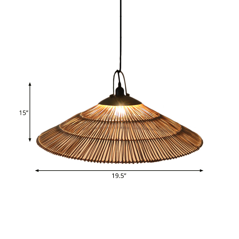 Asian Single Bulb Pendant Lamp with Hand-Woven Rattan Brown Tapered Hanging Light for Restaurant Living Room