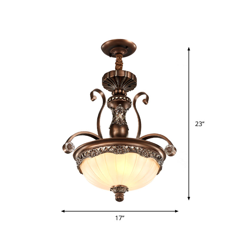 White Ribbed Glass Bowl Shade Pendant Traditional 3 Lights Dining Room Down Lighting in Bronze