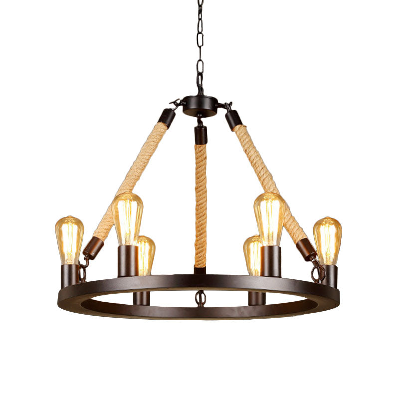 Metallic Circular Hanging Lamp with Exposed Bulb and Rope Vintage 6/8 Lights Dining Room Suspension Light in Brown