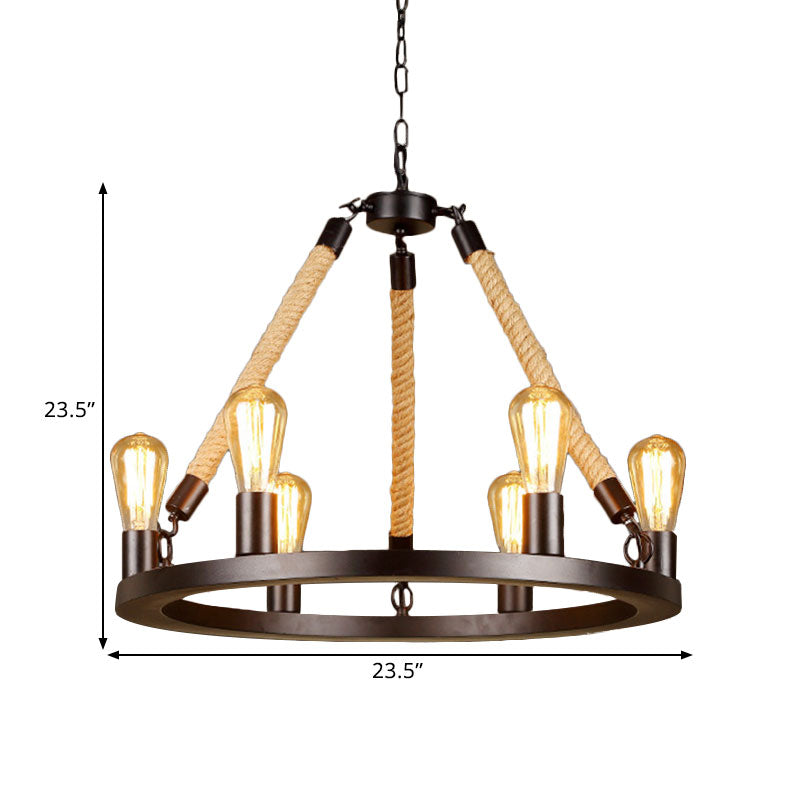 Metallic Circular Hanging Lamp with Exposed Bulb and Rope Vintage 6/8 Lights Dining Room Suspension Light in Brown