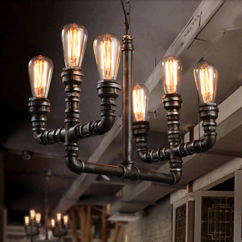 Metal Rust Chandelier Pendant Light Open Bulb 6 Heads Vintage Industrial Hanging Lamp with Pipe