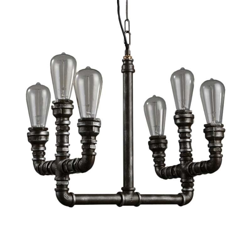 Metal Rust Chandelier Pendant Light Open Bulb 6 Heads Vintage Industrial Hanging Lamp with Pipe