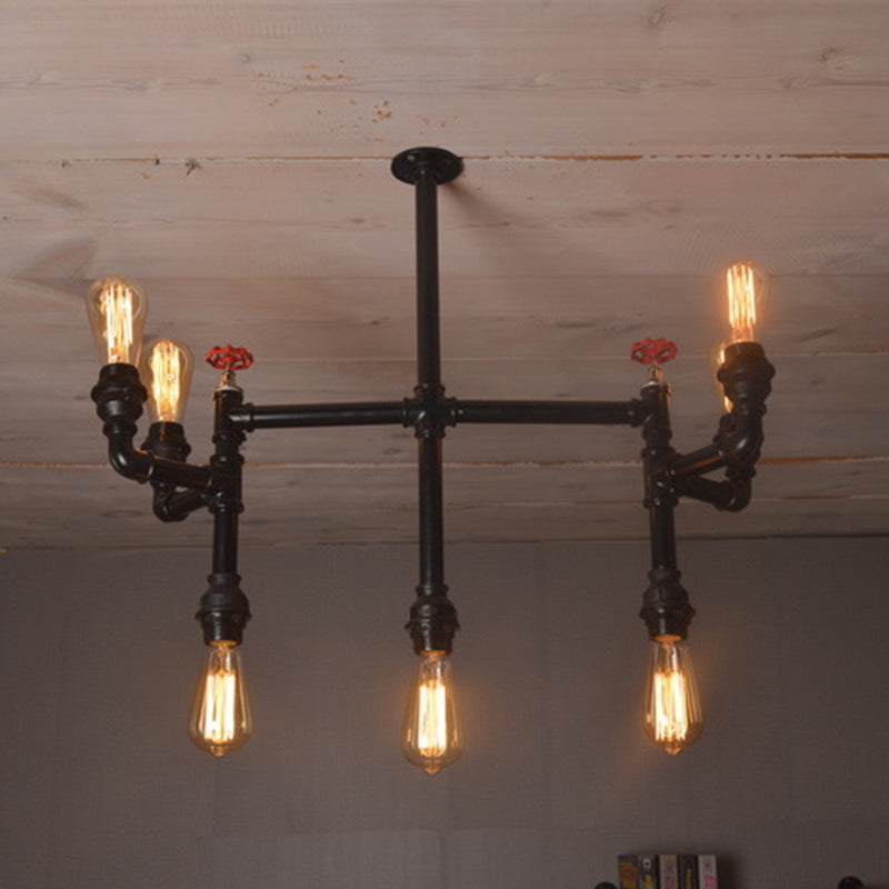 7 Bulbs Hanging Pendant Light Antique Style Water Pipe Metallic Chandelier Lighting with Red Valve in Black