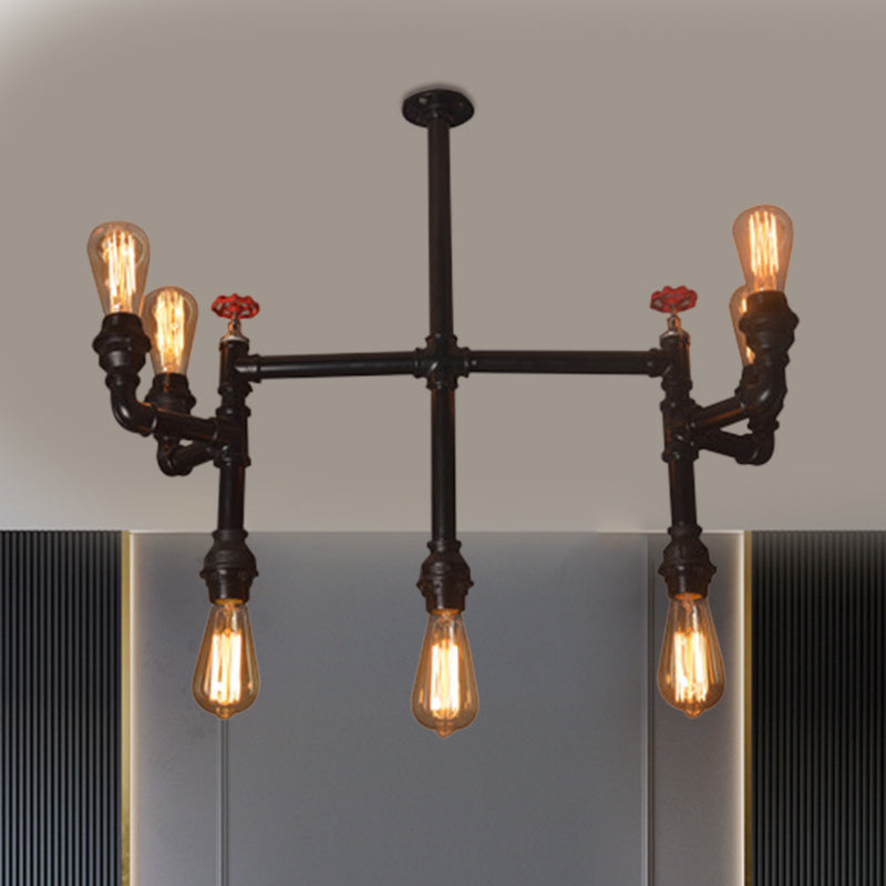 7 Bulbs Hanging Pendant Light Antique Style Water Pipe Metallic Chandelier Lighting with Red Valve in Black