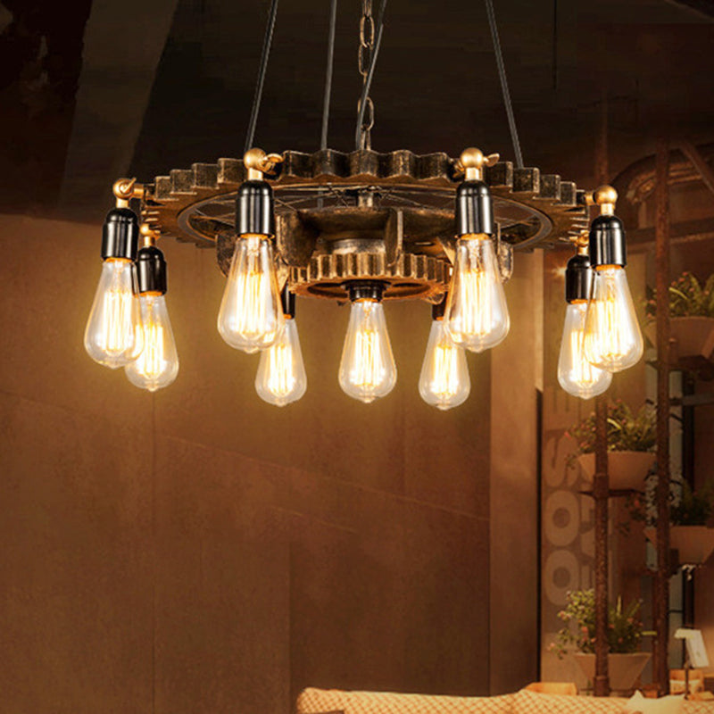 9 Lights Gear Design Ceiling Fixture Antique Style Dark Rust Metal Pendant Ceiling Light for Living Room