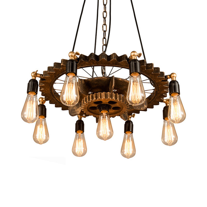 9 Lights Gear Design Ceiling Fixture Antique Style Dark Rust Metal Pendant Ceiling Light for Living Room