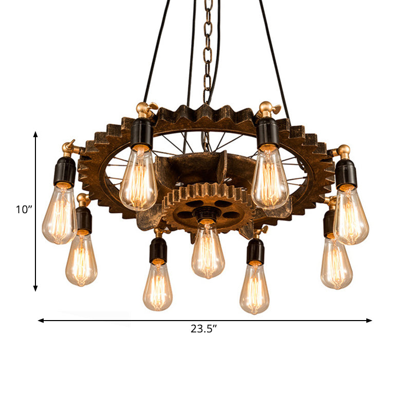 9 Lights Gear Design Ceiling Fixture Antique Style Dark Rust Metal Pendant Ceiling Light for Living Room