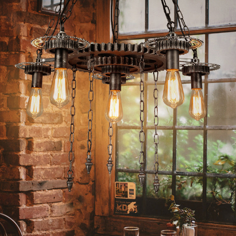 Aged Silver Gear Design Ceiling Lamp Vintage Industrial Metal 6 Heads Restaurant Hanging Lamp