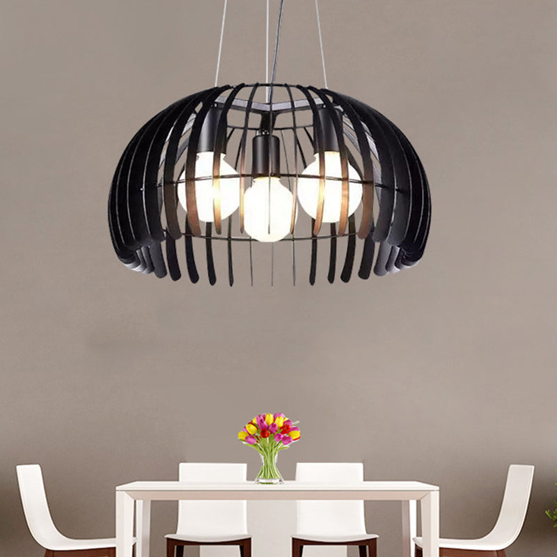 3 Bulbs Dome Hanging Light with Wire Guard Retro Style Black Metal Suspension Light for Dining Room