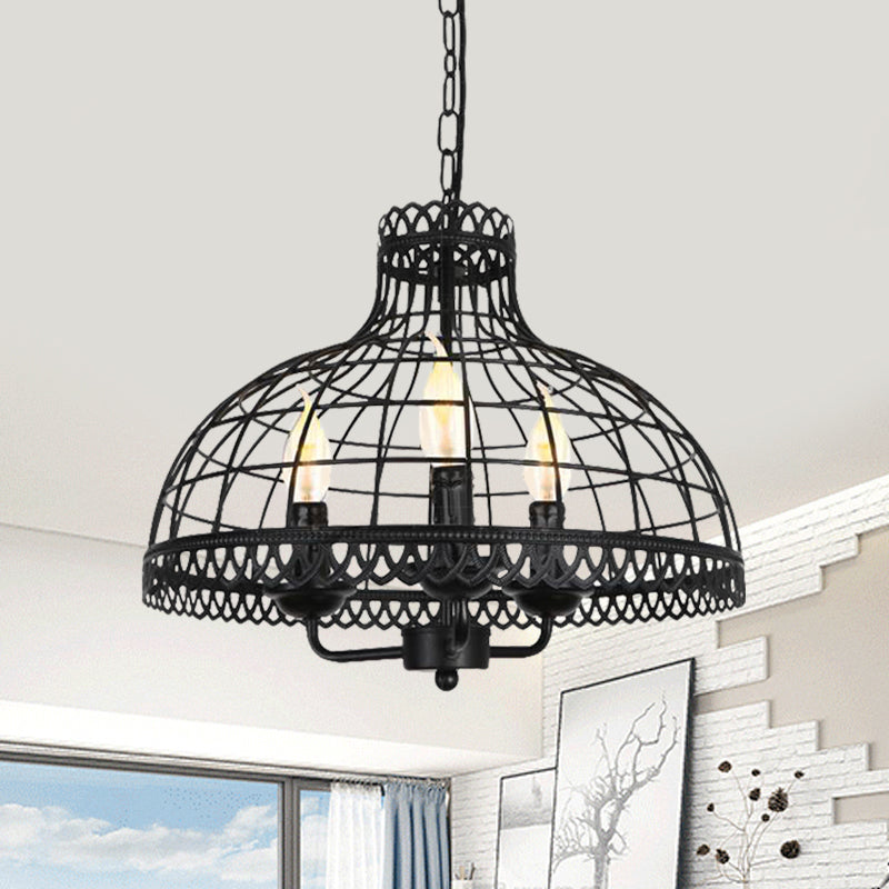 Metallic Dome Cage Shade Ceiling Lamp Industrial Retro 3 Heads Farmhouse Candle Ceiling Fixture in Black