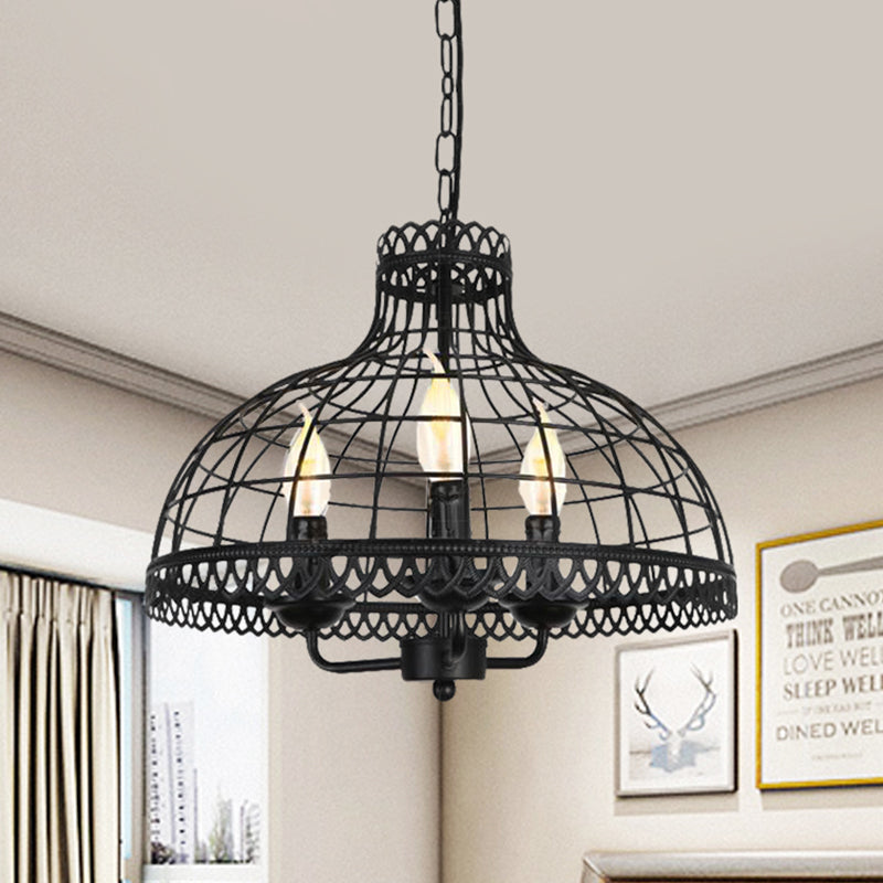 Metallic Dome Cage Shade Ceiling Lamp Industrial Retro 3 Heads Farmhouse Candle Ceiling Fixture in Black