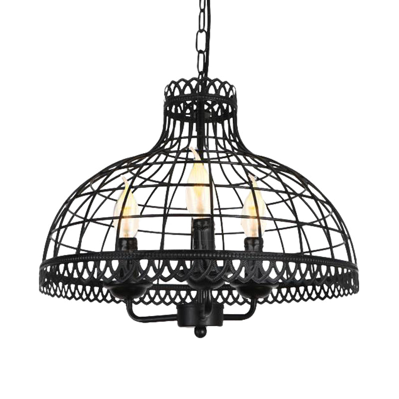 Metallic Dome Cage Shade Ceiling Lamp Industrial Retro 3 Heads Farmhouse Candle Ceiling Fixture in Black