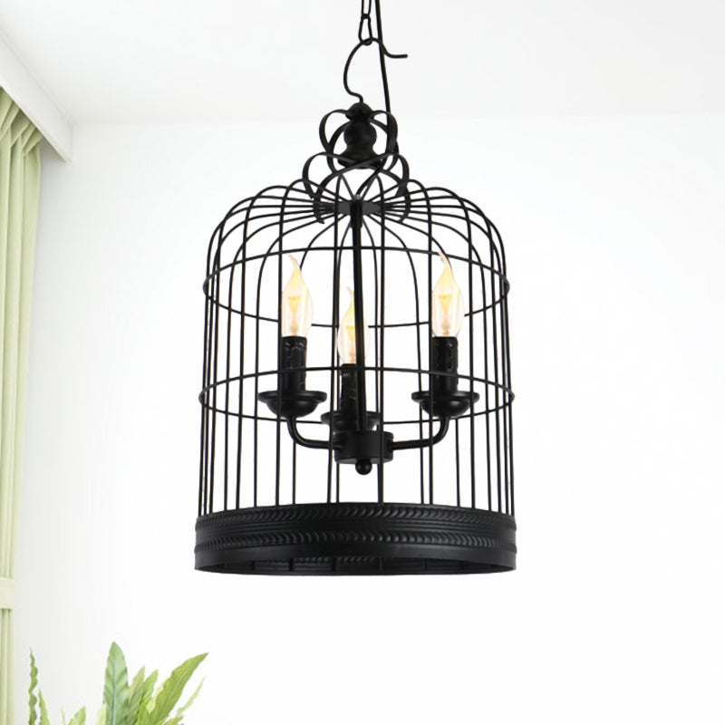 Black Birdcage Shade Pendant Light Antique Style Iron 3 Lights Restaurant Ceiling Light with Candle Design