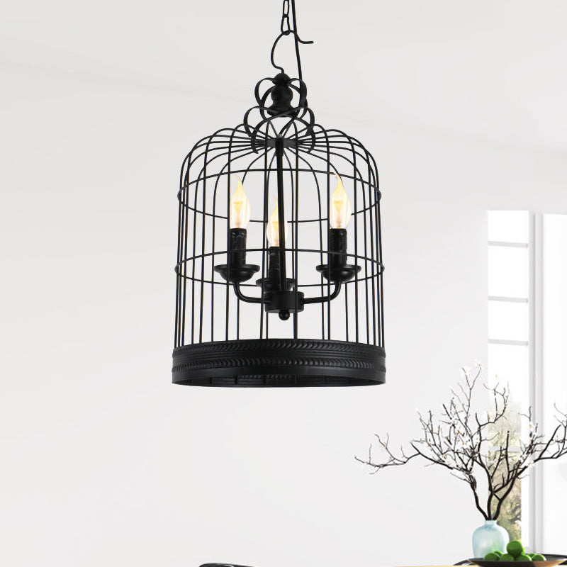 Black Birdcage Shade Pendant Light Antique Style Iron 3 Lights Restaurant Ceiling Light with Candle Design