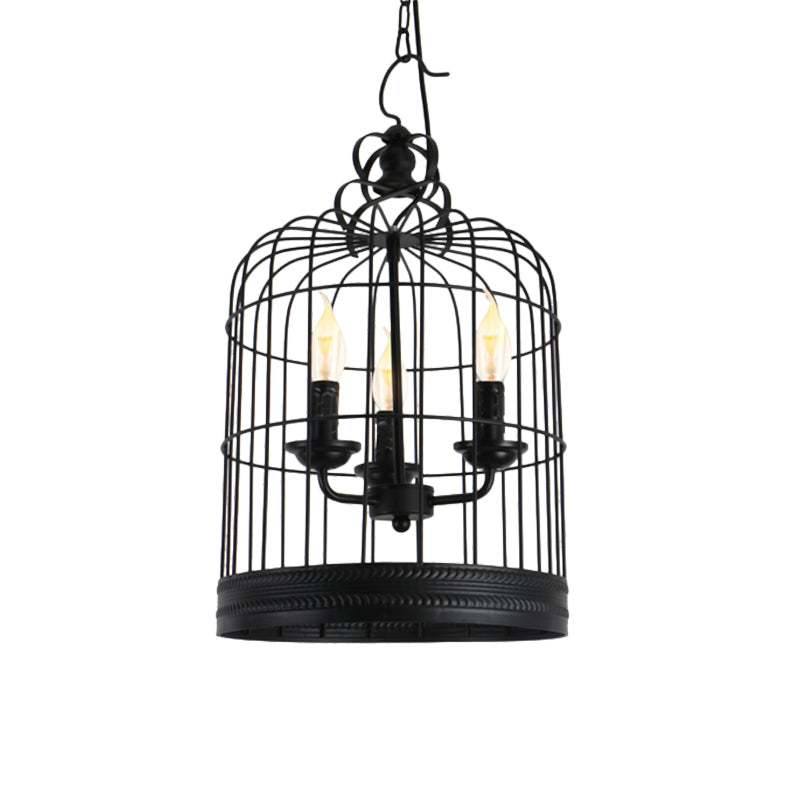 Black Birdcage Shade Pendant Light Antique Style Iron 3 Lights Restaurant Ceiling Light with Candle Design