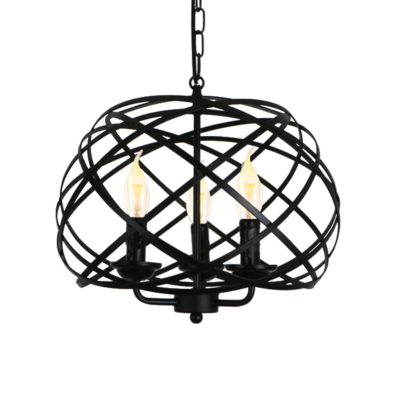 Industrial Geometric Ceiling Light with Cage Shade 3 Bulbs Metal Chandelier Lamp in Black for Kitchen