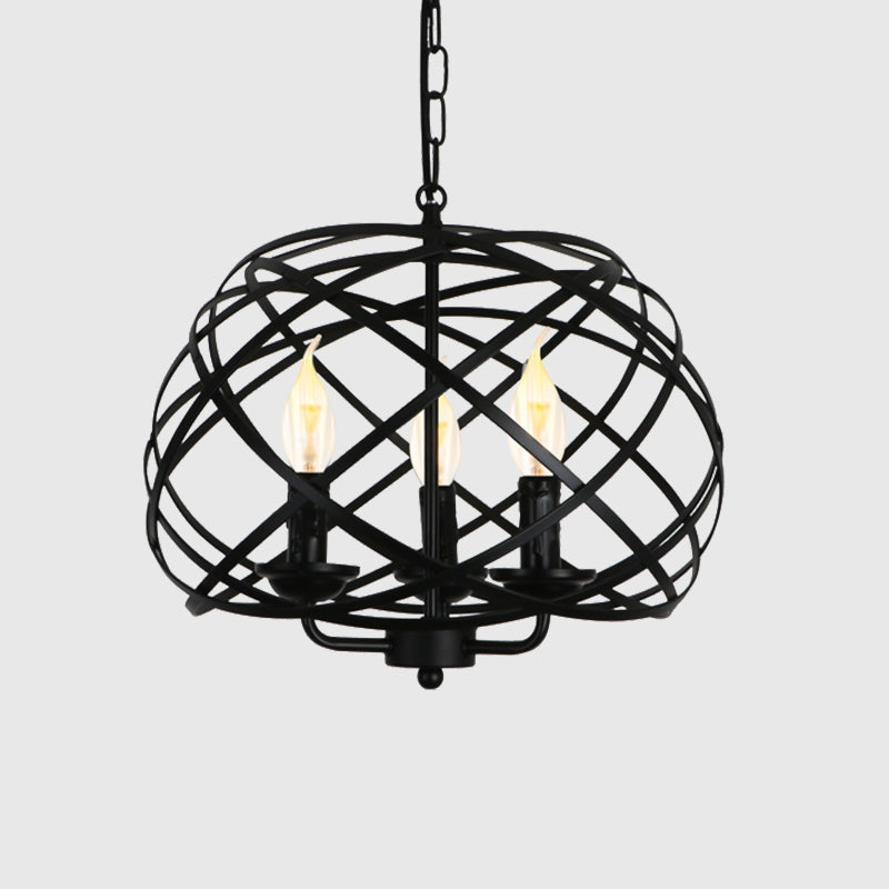 Industrial Geometric Ceiling Light with Cage Shade 3 Bulbs Metal Chandelier Lamp in Black for Kitchen