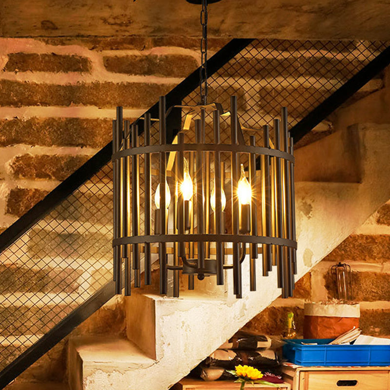 Black Caged Chandelier Pendant Light Vintage Industrial Metal 4 Heads Restaurant Chandelier Light