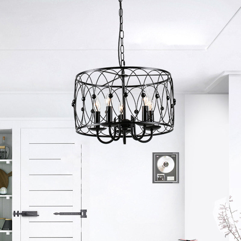 Black Finish Drum Hanging Light with Cage Shade Vintage Style Metal 6 Heads Dining Room Chandelier Lamp